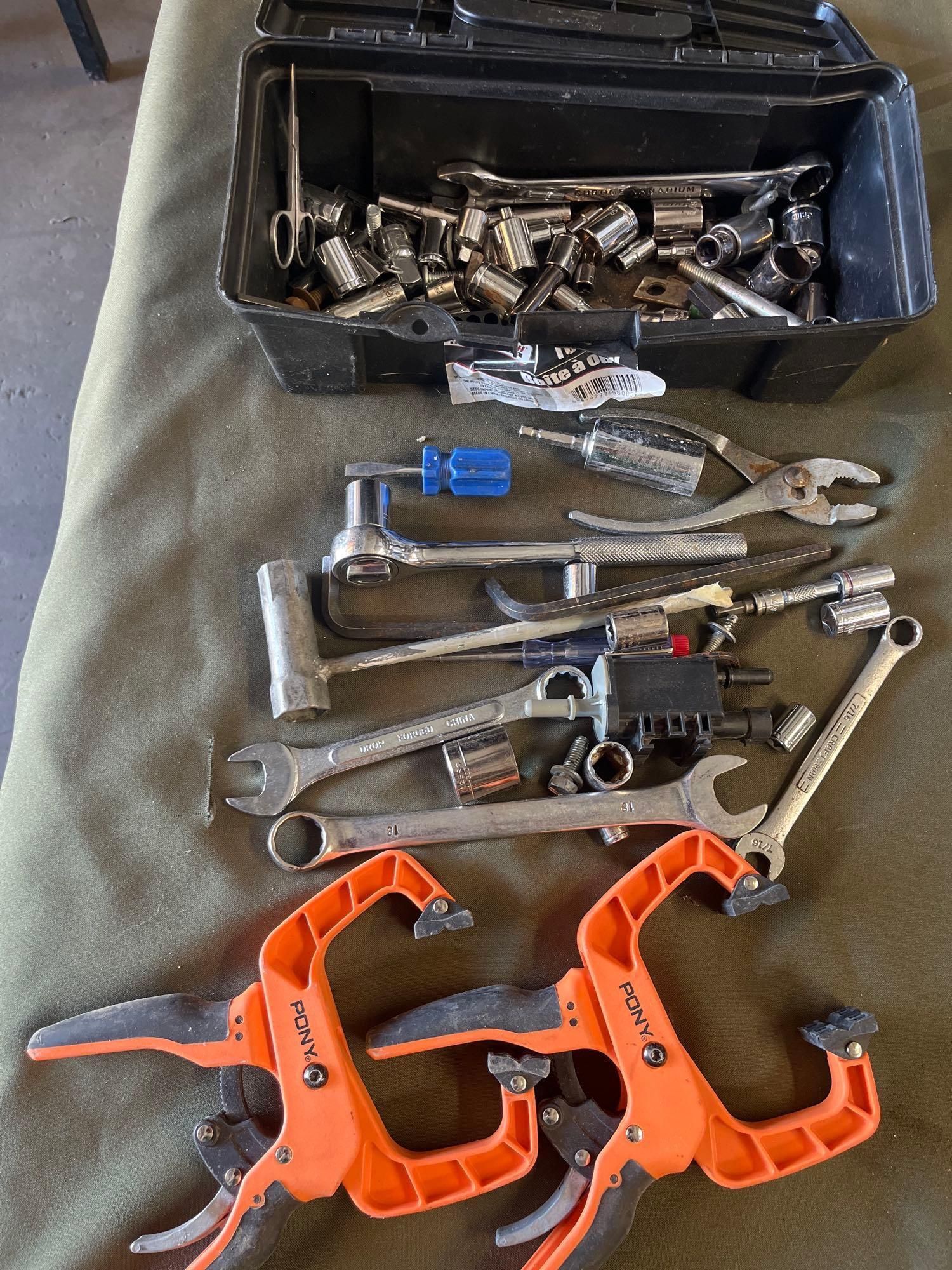 Tool box, Pony clamps & assorted tools. Over 30 pieces