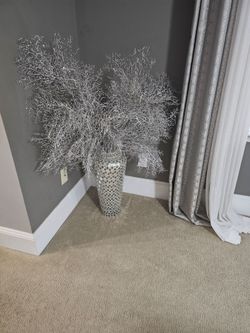 Silver Decorative Vase with Coral Branch Stems