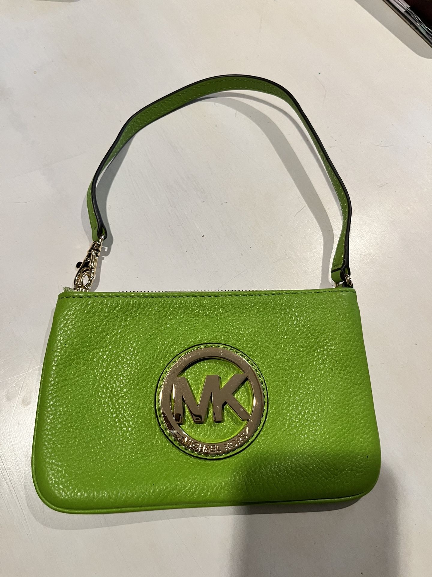 Michael Kors, Mini Pocketbook, Wristlet, Green, And Gold. Excellent Condition.