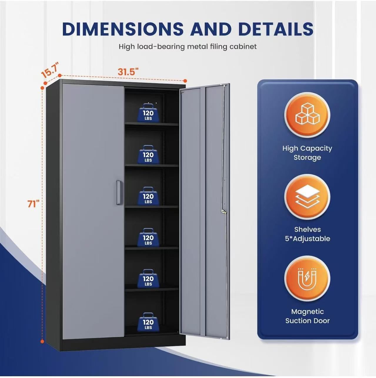 🥨Metal Garage Storage Cabinet with 2 Doors and 5 Adjustable Shelves - 71" Steel Lockable File Cabinet,Locking Tool Cabinets for Office,Home,Garage
