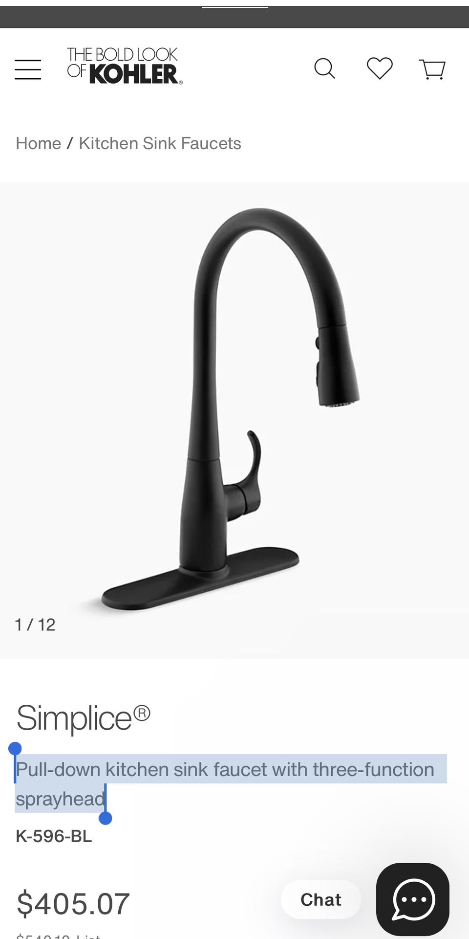 Pull-down kitchen sink faucet with three-function sprayhead