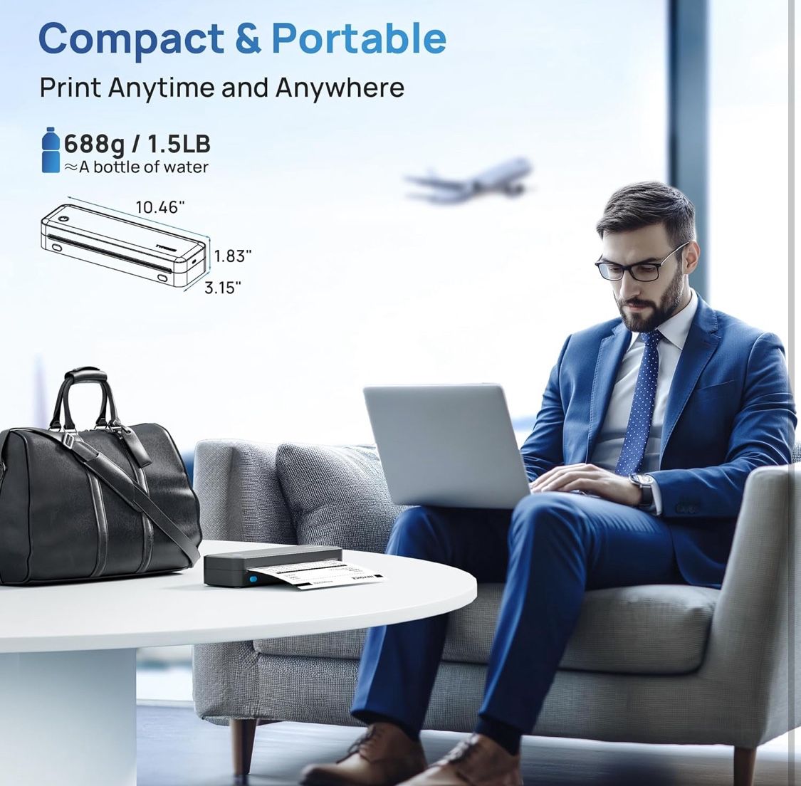 Portable Printers Wireless for Travel, Receipt Printers Support 2" to 8.5" Width Thermal Paper & 8.5"x11" US Letter Size, Bluetooth Printers for Home