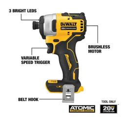 DEWALT ATOMIC 20V MAX* Impact Driver, Cordless, Compact, 1/4-Inch, Tool Only
