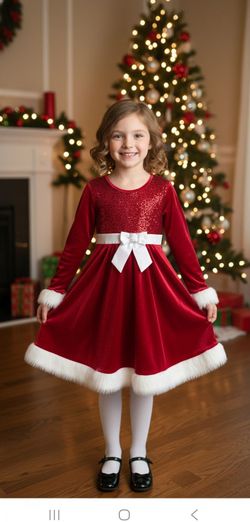 Bonnie Jean Sequin Bodice Holiday Dress. Red Velvety Girl Santa Dress Fur Trim.