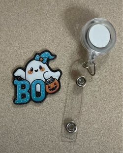 New Boo Ghost with pumpkin as O Retractable ID Badge holder