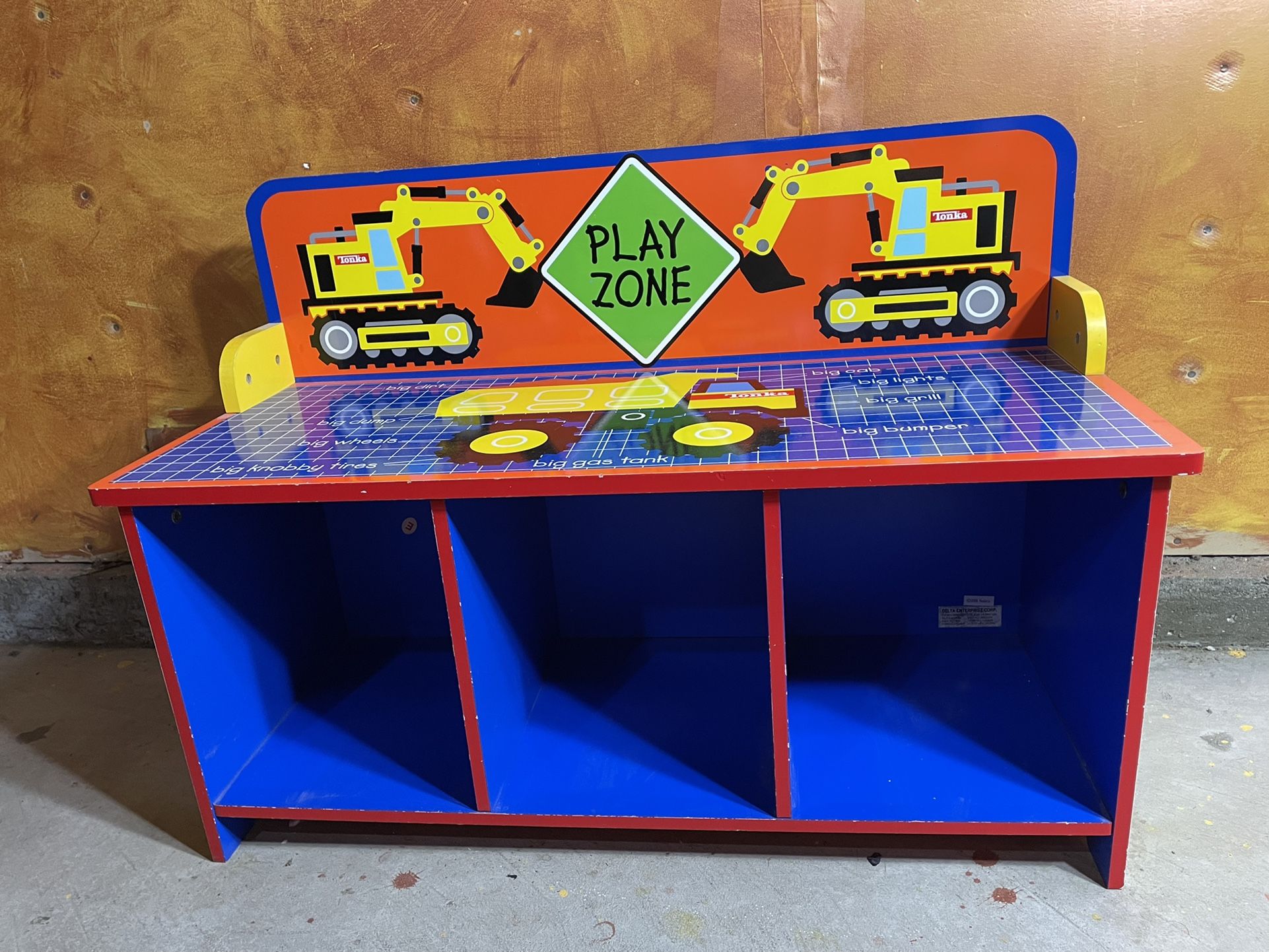 Tonka Construction trucks play bench with toy Books storage cubbies, Boys Room Organizer