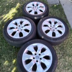 HONDA ACCORD OEM 17 SET OF RIMS AND TIRES STILL HAVE A GOOD AMOUNT OF TREAD 215/55/17  SAME BRAND, NO MIX MATCH, 5X114.3 SAME AS 5X4.5 BOLT PATTERN 