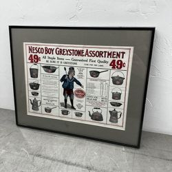 Antique Framed Nesco Boy Greystone Assortment Advertisement Enameled Cookware
