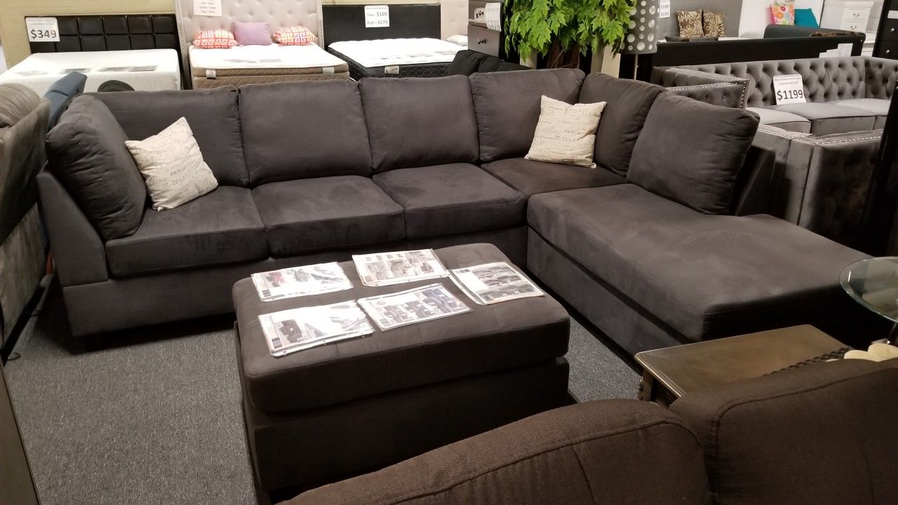 Brand New 112" x 85" Dark Grey Microfiber Reversible Sectional + Ottoman