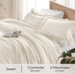 Andency Beige Comforter Set Queen Size, Shabby Chic Ruffle Bedding