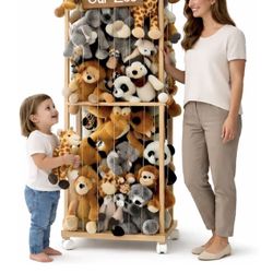Large Stuffed Animal Storage Tower, 64” Tall Solid Pine Wood Plush Organizer with Locking Wheels, Space-Saving Vertical Zoo Holder for Kids Bedroom, N
