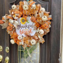 Fall Thankful &Blessed Pumpkin Ribbon Wreath 