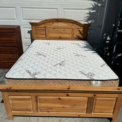 Premium 10” Spinal Care queen size mattress $125, 9” box spring $60,  Solid wood bed frame $125 