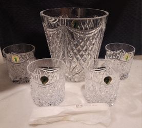 Vintage Waterford Crystal Jim O'Leary Century Ice Bucket, 4 Glasses & Tongs