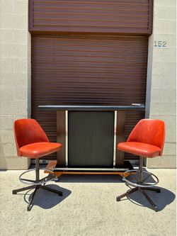 1960s Mid Century Modern Vintage Black Vinyl, Wood, & Chrome Rolling Bar and stools
