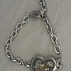 Silver Chain Heart Locket w/6 Charms Adjustable Bracelet w/Dangling Heart Charm