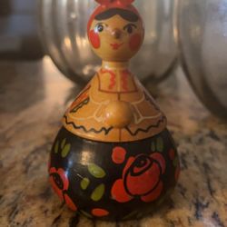 Vintage Wooden Hand Painted Russian Woman Figurine Folk Art Roses