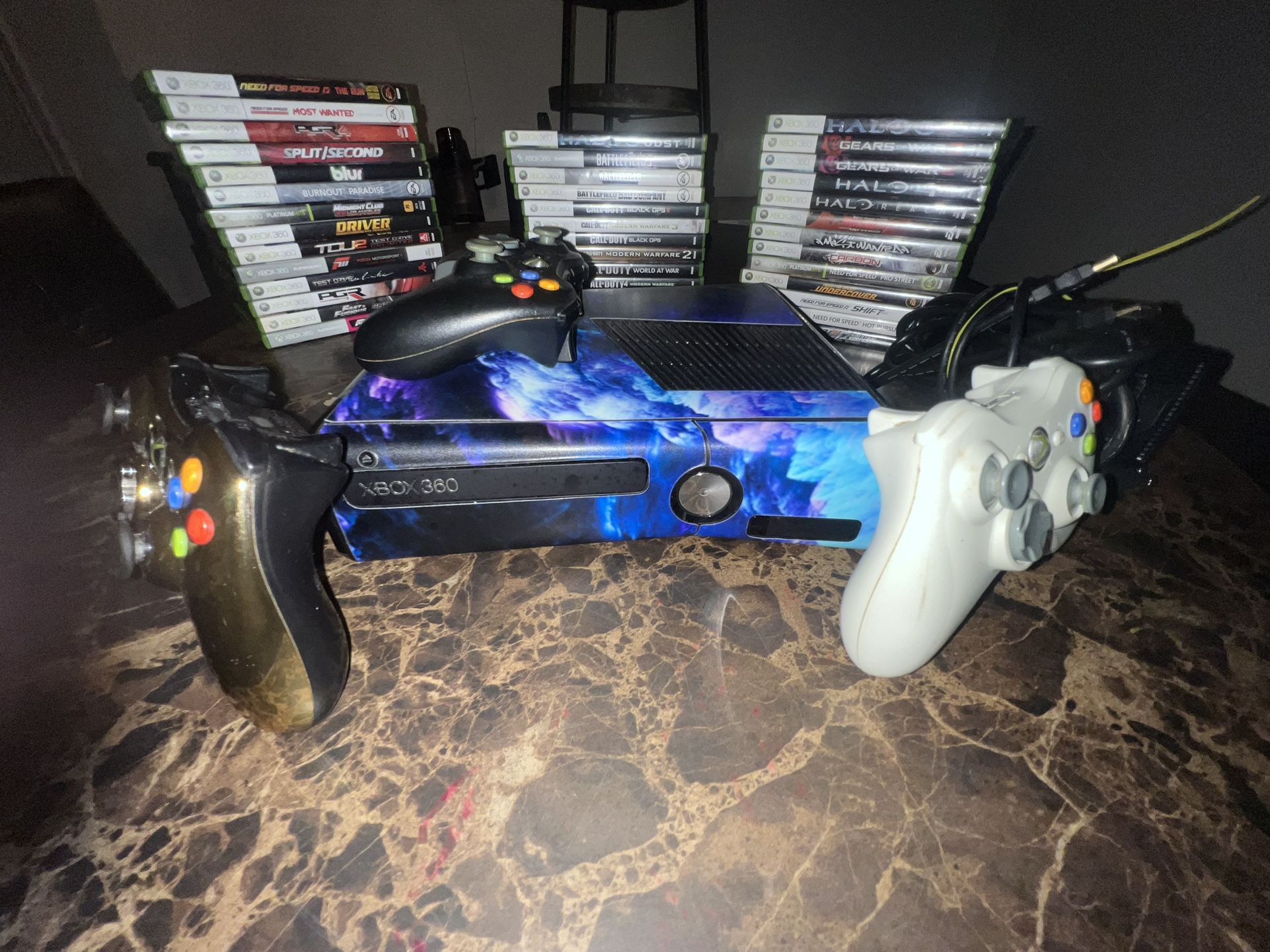 Xbox 360 Slim 4GB Bundle - 3 Controllers, 40 Games (Call of Duty, Halo, Forza, NFS)