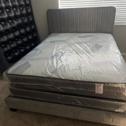 QUEEN SIZE BED FRAME WITH MATTRESS GRAY BED FRAME VELVET FREE BOX SPRING 3PCS