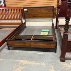 (In store) Industrial style brown full size bed frame