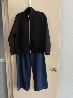 Black Full-Zip Jacket and Wide-Leg Jeans Set