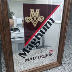 vintage 1980S "MAGNUM" MALT LIQUOR BAR MIRROR sign MILLER WOOD FRAME BEER 18X14"
