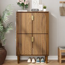 Homy Casa Ghent 23" Walnut Shoe Storage Cabinet with 2 Flip Drawers in Carved Line Design