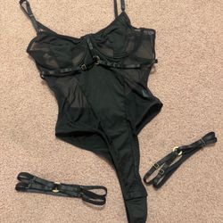 New Medium black stretchy lingerie bodysuit mesh sheer goth gothic