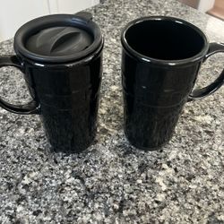 Longaberger Pottery Woven Traditions Ebony Black Tall Coffee Mugs Set of 2."