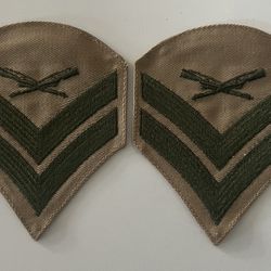 U.S. MARINE CORPS CHEVRON CORPORAL GREEN EMBROIDERED ON KHAKI STRIPES (2)PATCHES