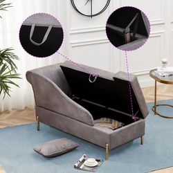  Chaise Lounge with Storage, Modern Upholstered Tufted Chaise Lounge Chair Indoor Faux Suede Sofa Recliner Couch for Bedroom Office Living Room -Grey(