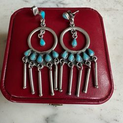 Vintage 925 Sterling Silver w/ turquoise earrings , marked 925 Mexico 🇲🇽, dangle stud earrings