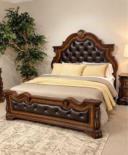 King Bed Frame Ornate Wood Tufted Leather