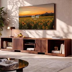 TV Stand for 55-80 Inches TVs, 63"-84.6" Adjustable Length, Extendable Corner Entertainment Center with Storage Cabinets, Fluted Doors Modern Media Co