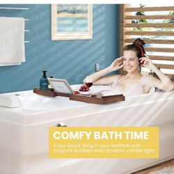 Expandable 43 Inch Bamboo Bathtub Caddy Tray with Smartphone Tablet Book Holders