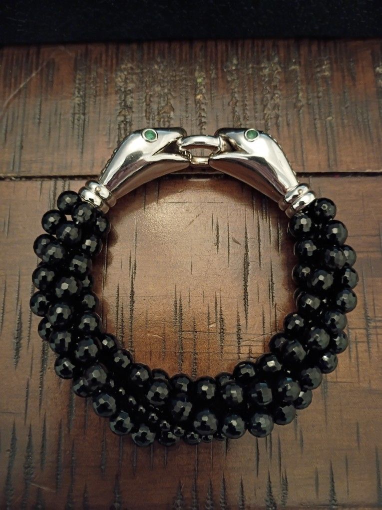 925 Sterling Silver Black Bead Snake Heads Bracelet