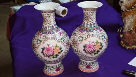 Set of Two Chinese White Porcelain Jingdezhen Vases featuring floral, bird and butterfly panels with colorful backgrounds  A67V002