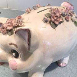 1961 Iridescent Pearl Porcelain Large Piggy Bank Applied Flowers