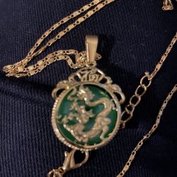 Stunning Dragon Jade Pendent And 14K Plated 20” Chain 