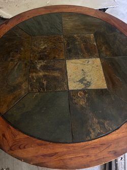 Round Wood Table with Slate Tile Top Solid Iron Legs
