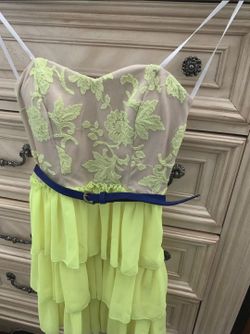 Neon yellow strapless dress by John Kristopher