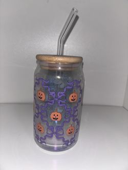 Pumpkin Halloween Glass Tumbler with Lid & Straw, Iced Coffee Cup