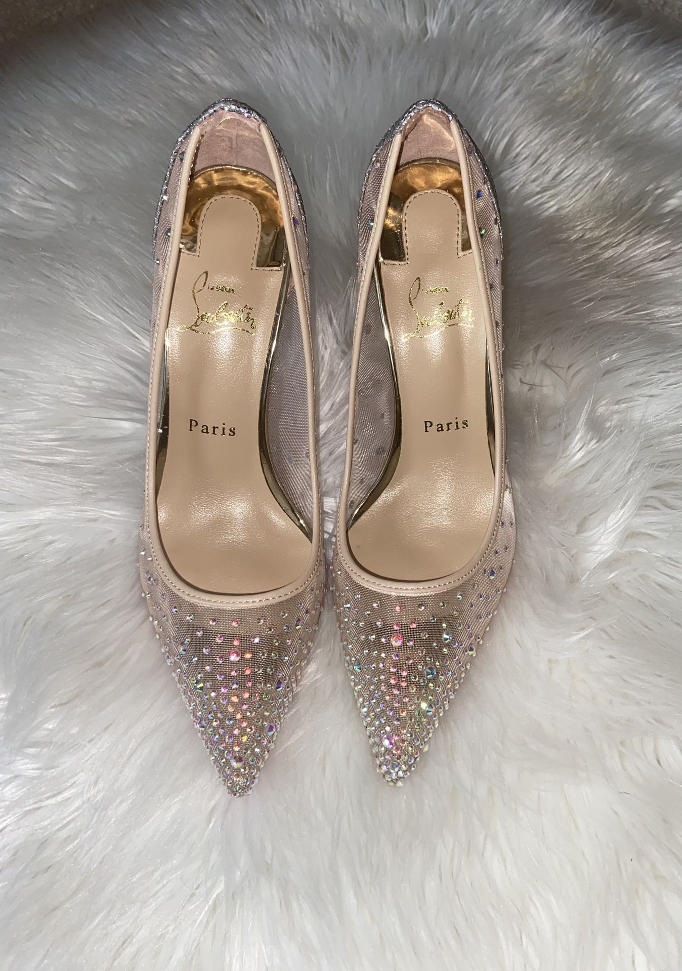 Brand New Beige Christian louboutin Shoes Size 9 Adored With Iridescent Crystal Stones 