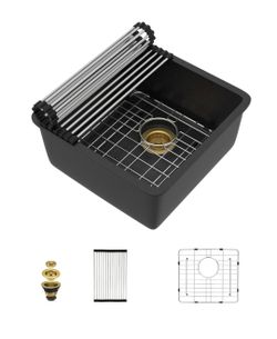 17x17 Inch Granite Composite Undermount Bar Sink - Matte Black Classic Quartz Single Bowl Wet Prep Sink for Kitchen Bar, RV, and Boat with Gold Drain 