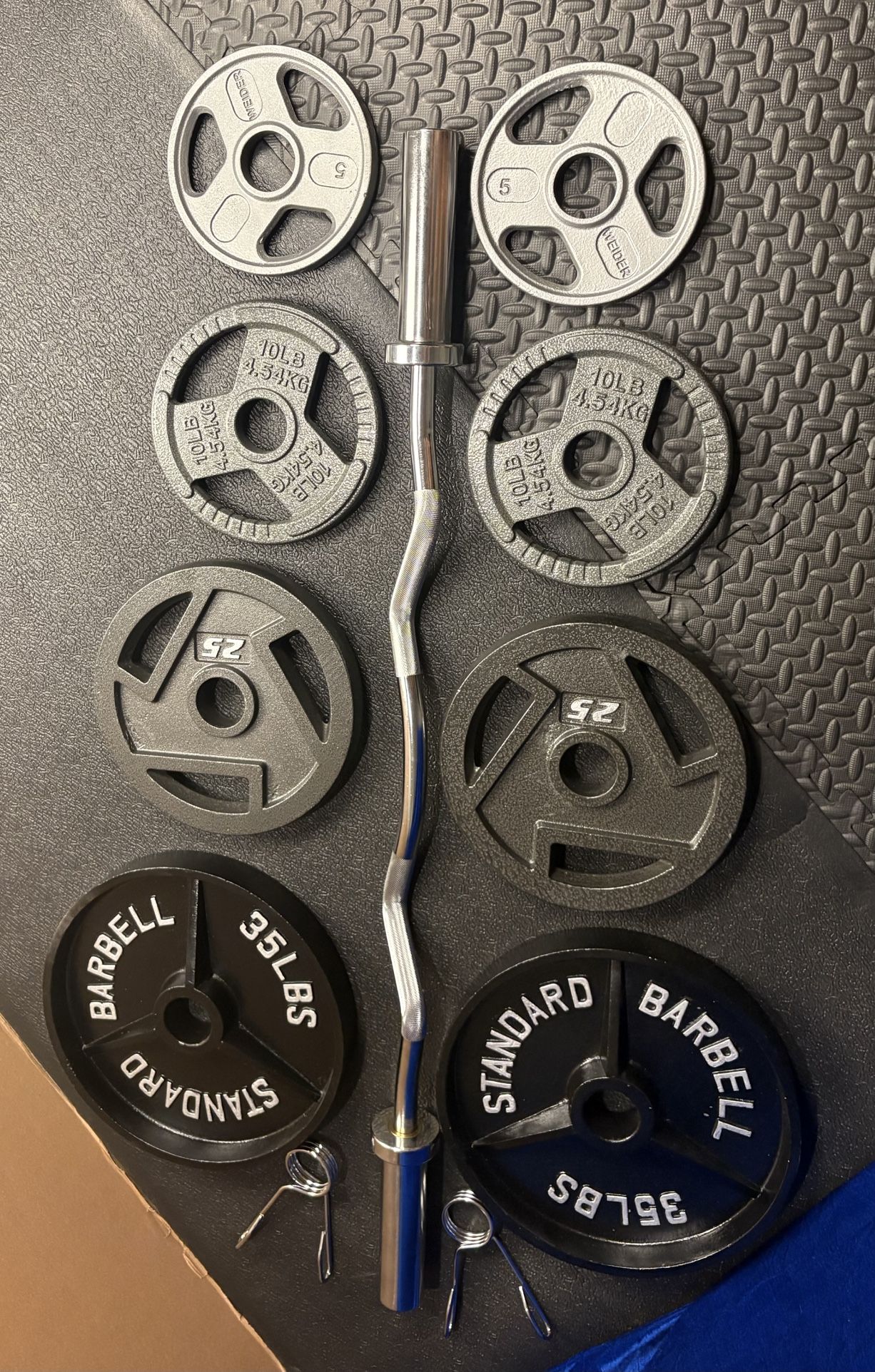 NEW Olympic Equipment Curl Bar of 20# with Cooper Bearings and Plates 2X35s, 2X25s, 2X10s and 2X5s pounds. Brute 170#