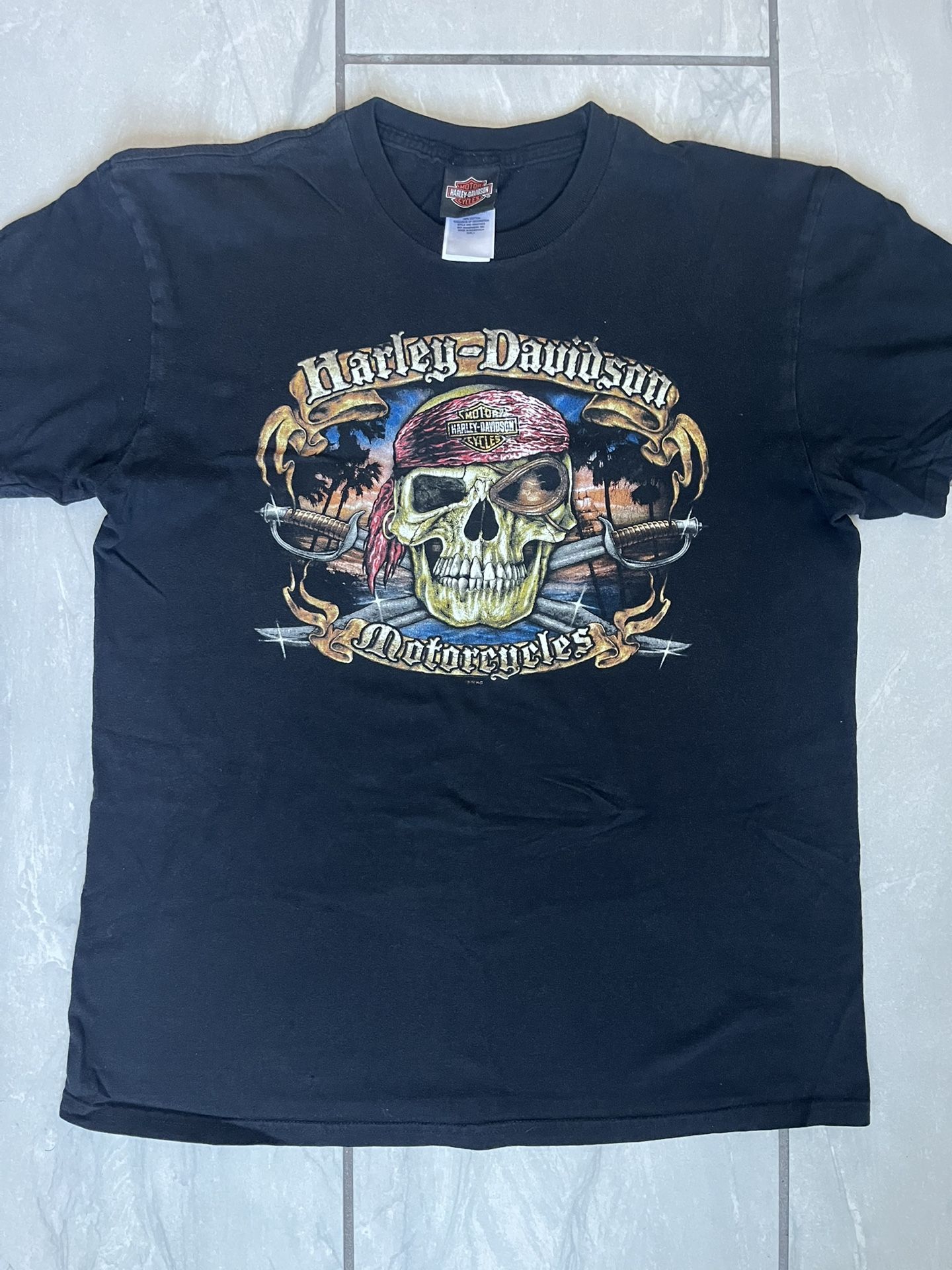 Harley Davidson Skull Head Pirate Map Orlando FL Black Graphic T-Shirt - Large