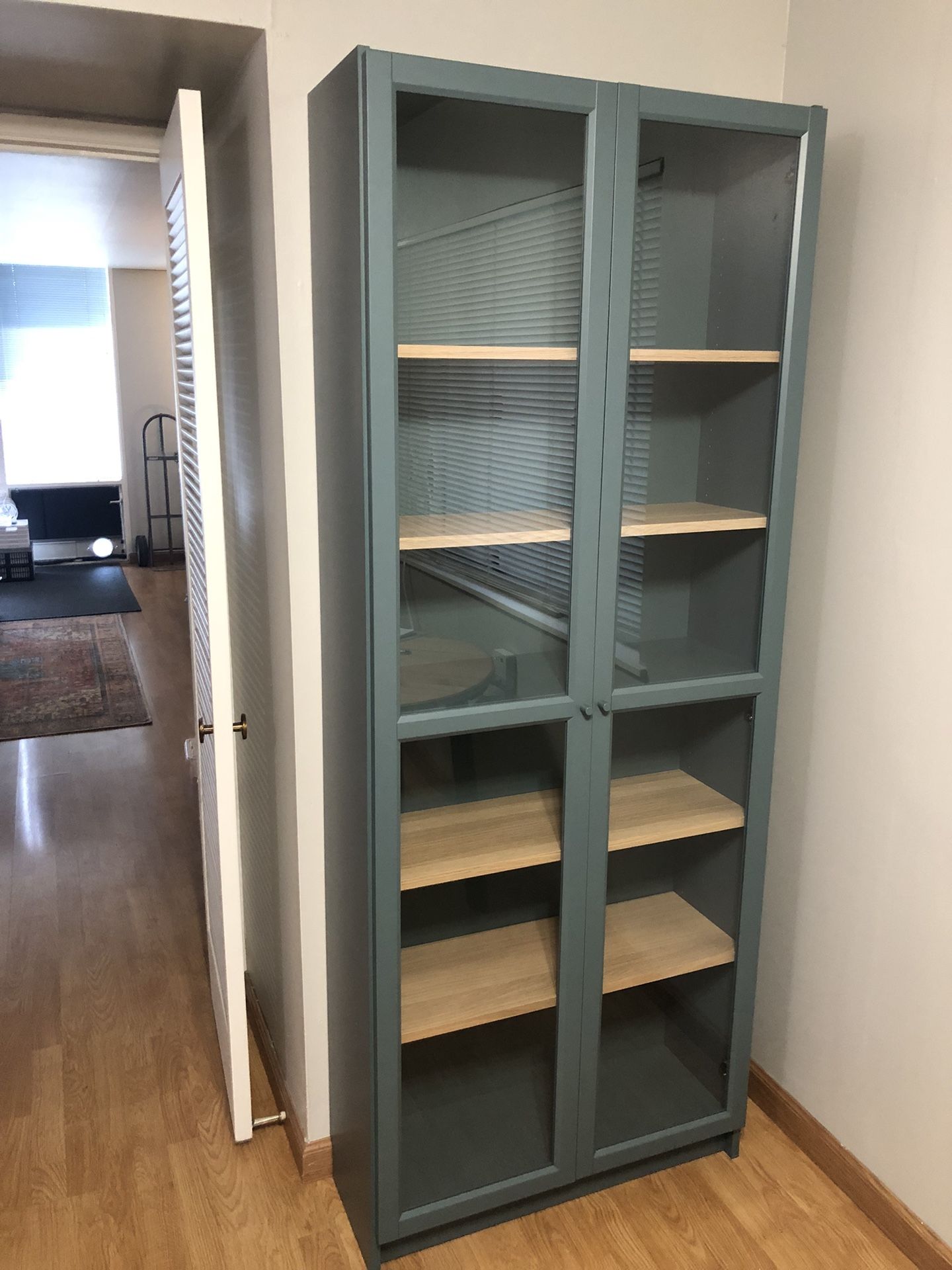 Bookcase with Glass Doors (Green) / Birch Shelves