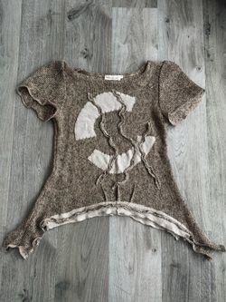 Natural Life Boho Knit Top Asymmetrical Hem Patchwork Crochet Detail Beige Sz S