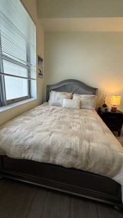 Dark Grey Upholstered Headboard & Wood Bed Frame with Mattress