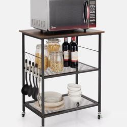 Costway 3-tier Kitchen Serving Cart Utility Standing Microwave Rack W/ Hooks